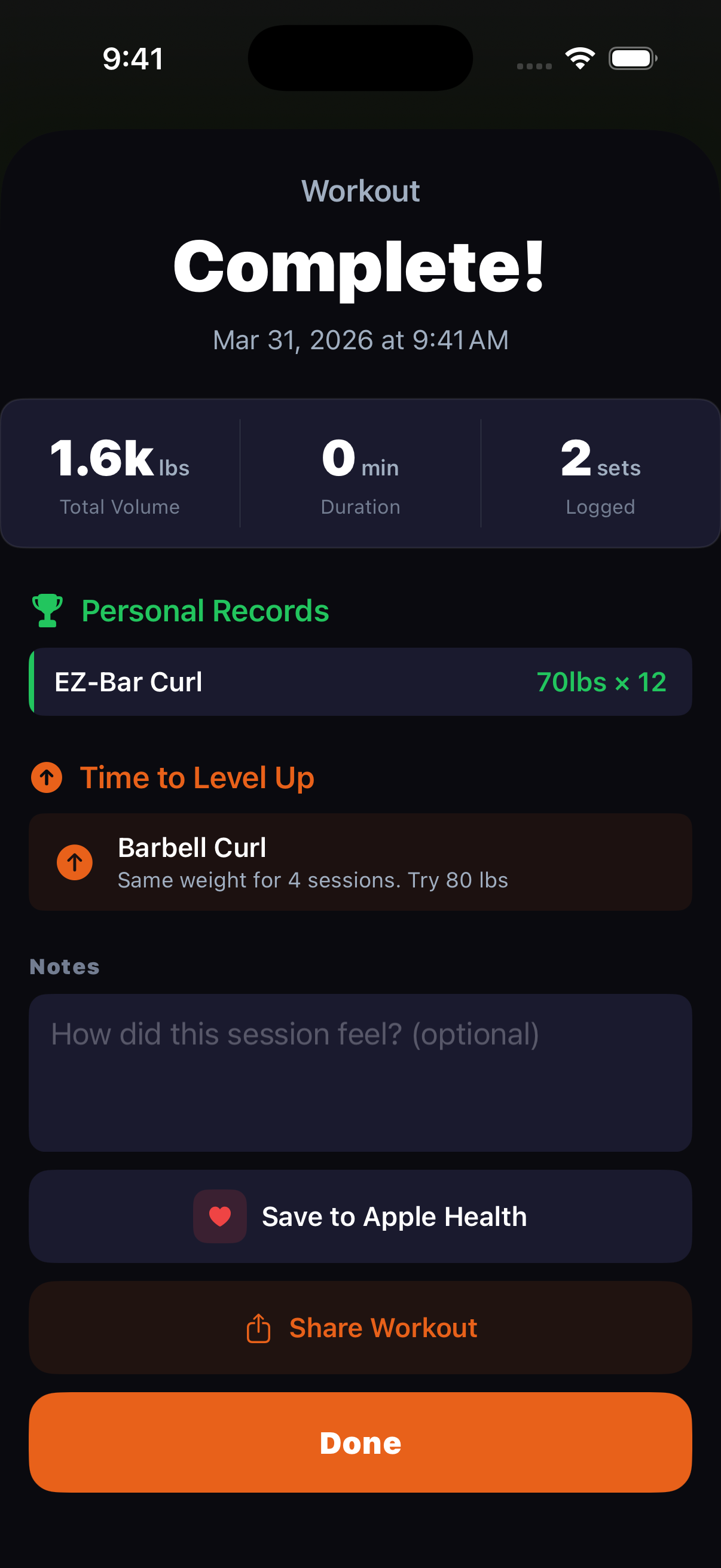 Iron Log Workout Summary